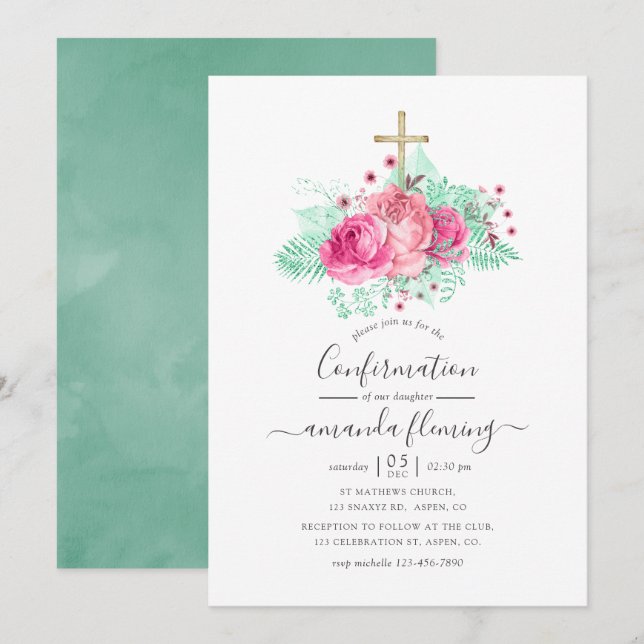 Invitación Confirmación de floral rosa y de menta (Anverso / Reverso)