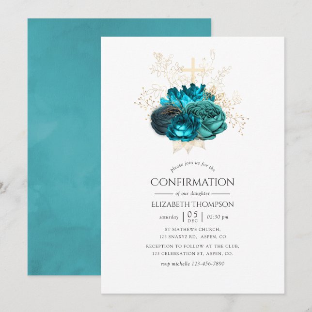 Invitación Confirmación de floral verde azulada y dorada (Anverso / Reverso)