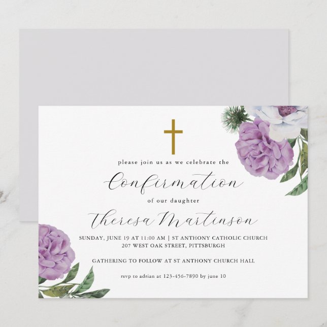 Invitación Confirmación de floral y cruzada púrpura de bonito (Anverso / Reverso)