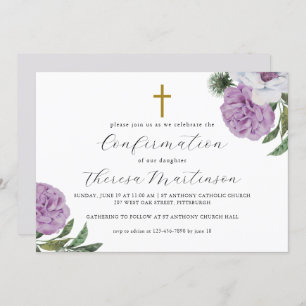 Invitación Confirmación de floral y cruzada púrpura de bonito