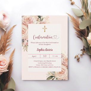 Invitación Confirmación de florales rosa polvoriento marfil