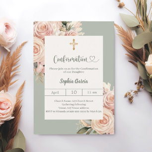 Invitación Confirmación de florales verde salvia marfil rosa 