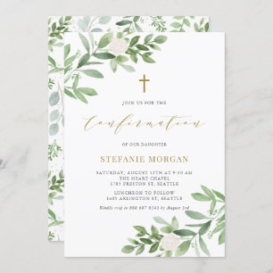 Invitación Confirmación de Flores blancas acuarelas y vegetac