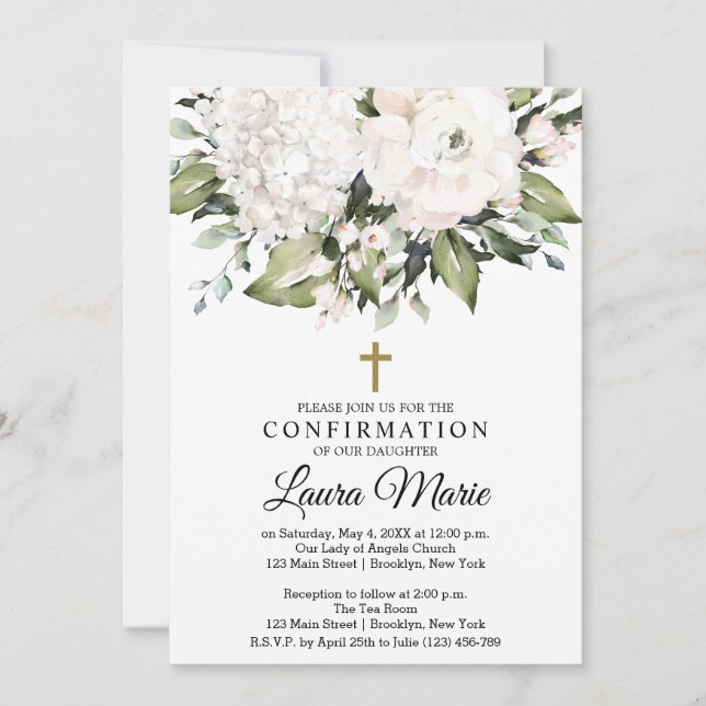 Invitación Confirmación de Flores blancas de color agua (Anverso)