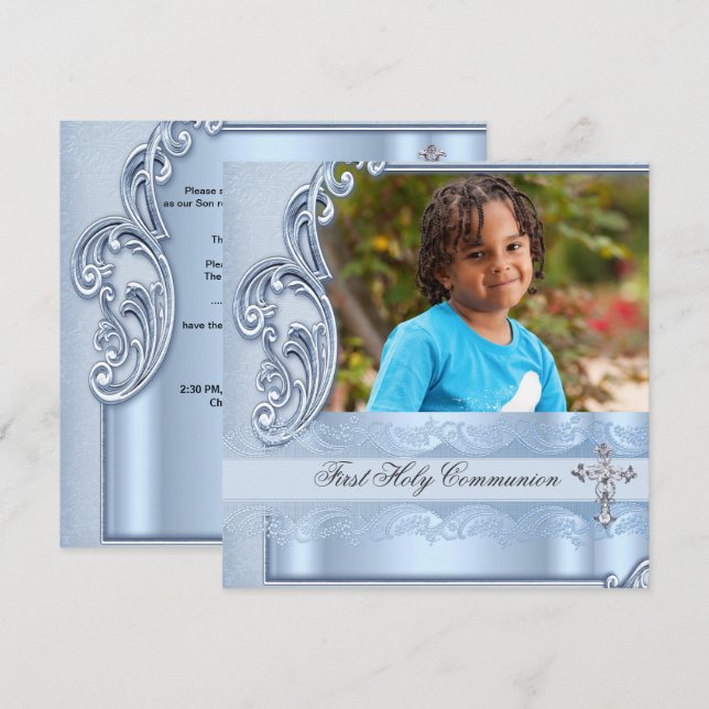 Invitación Confirmación de foto azul de Boy First Holy Commun (Anverso / Reverso)