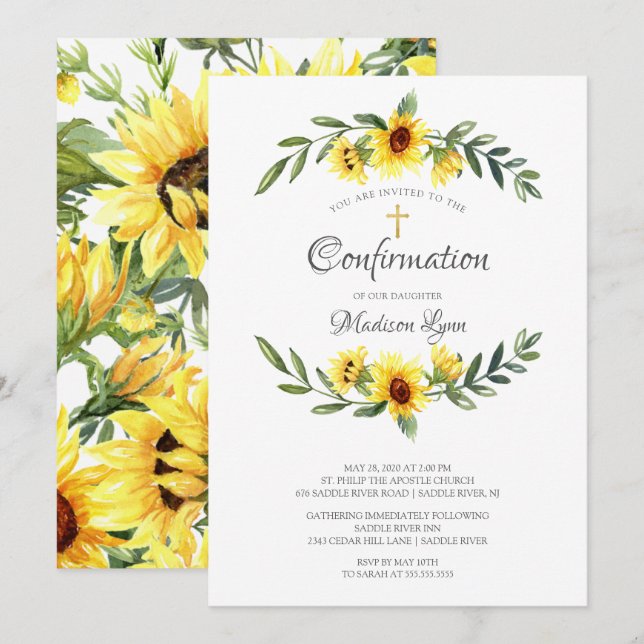Invitación Confirmación de girasoles amarillo acuarela (Anverso / Reverso)