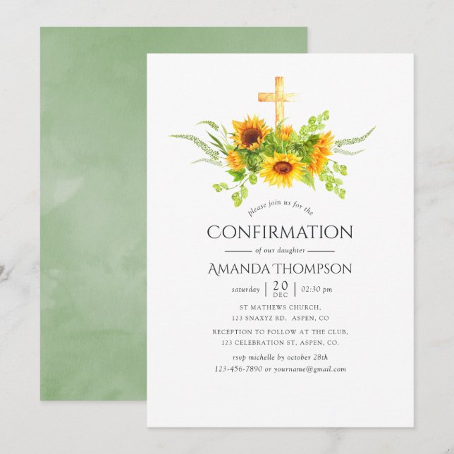 Invitación Confirmación de girasoles bohemios (Anverso / Reverso)