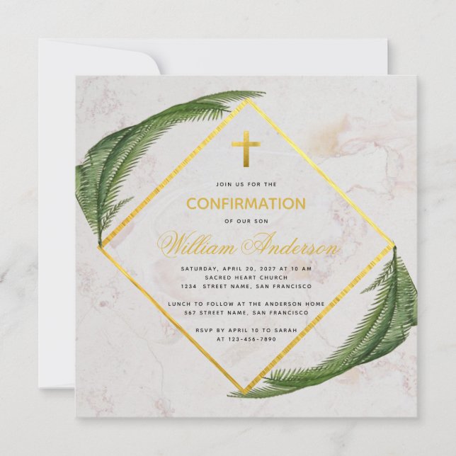 Invitación Confirmación de Greenery Fern deja Faux Gold Marbl (Anverso)
