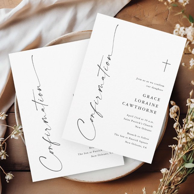 Invitación Confirmación de guión elegante moderno (Modern handwritten gender neutral religious confirmation invitations.)