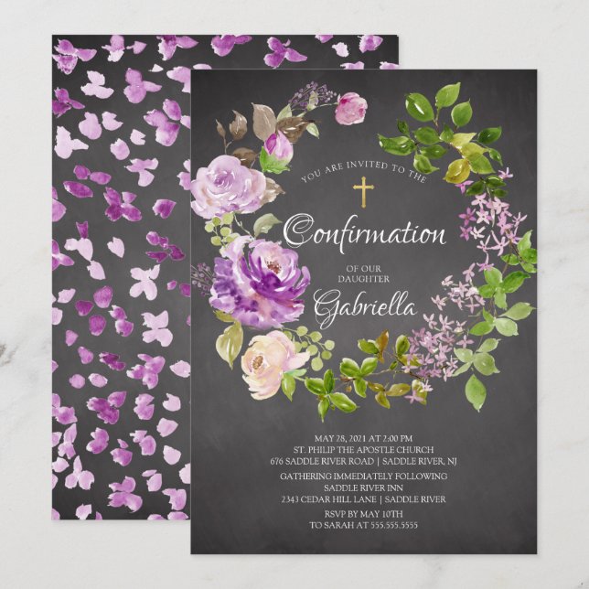 Invitación Confirmación de la corona floral de Purple Peonies (Anverso / Reverso)