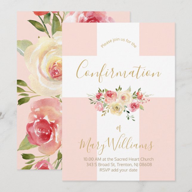 Invitación Confirmación de la Cruz Blanca y las Flores Católi (Anverso / Reverso)