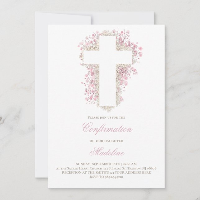 Invitación confirmación de la cruz de flores del aliento del  (Anverso)