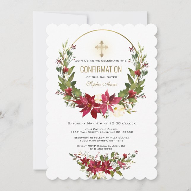 Invitación Confirmación de la Cruz de Oro de la Poinsettia Ro (Anverso)