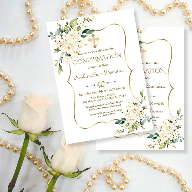 Invitación Confirmación de la Cruz de Oro de las Flores Blanc (elegant trendy modern white flowers confirmation invitation, floral gold confirmation invitation)