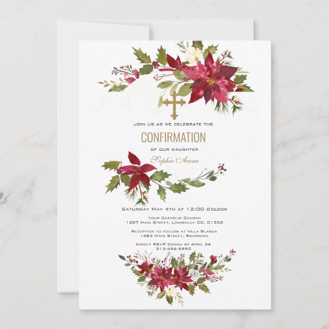 Invitación Confirmación de la Cruz de Oro Wreath de Poinsetti (Anverso)