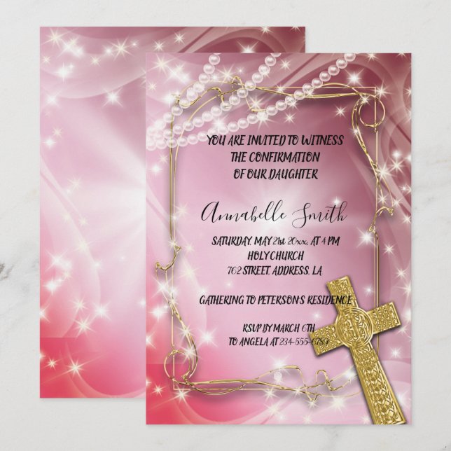 Invitación CONFIRMACIÓN DE LA Cruz de Perla Rosa de bonito (Anverso / Reverso)