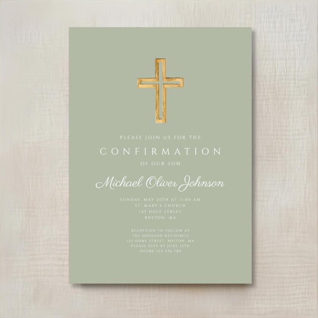 Invitación Confirmación de la Cruz Religiosa Verde Masaje Mod (Modern Sage Green Religious Cross Confirmation Invitation)