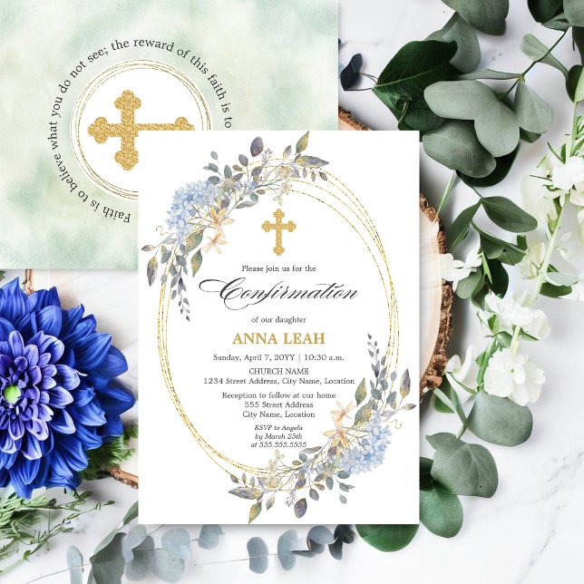 Invitación Confirmación de la elegante Cruz de Oro Floral (Beautiful watercolor floral and gold frame religious event invitation front and back view.)