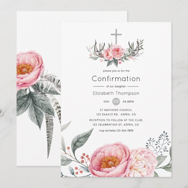 Invitación Confirmación de la floral Pastel de Boho rosa y gr (Anverso / Reverso)