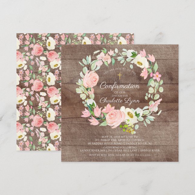 Invitación Confirmación de la Moda rusa Rubor de Floral rosa (Anverso / Reverso)
