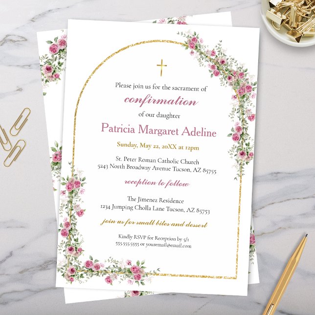 Invitación Confirmación de la moderna Cruz y Arco de Oro Rosa (pink and gold arch confrimation invitations with gold cross and elegant modern floral greenery)