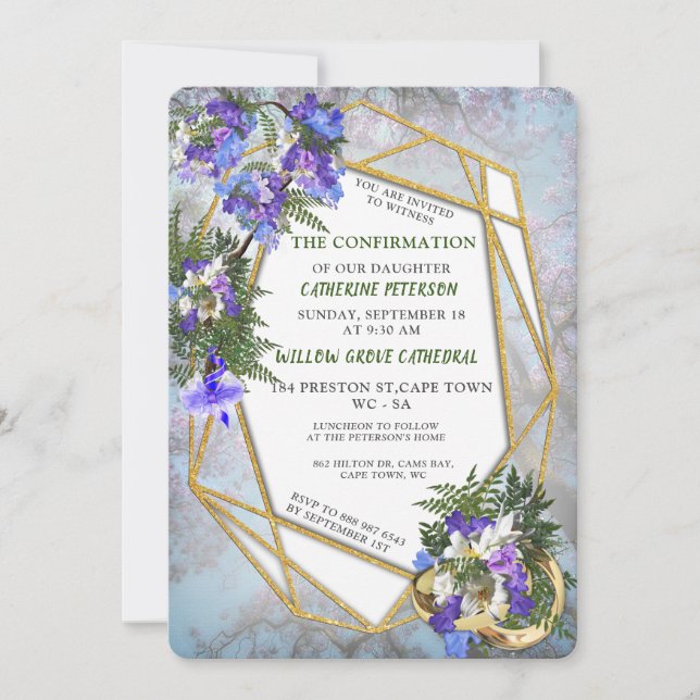 Invitación Confirmación de las flores geométricas de oro y Ja (Anverso)