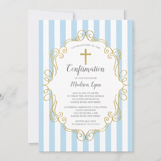 Invitación Confirmación de los chicos con marco azul y dorado (Anverso)