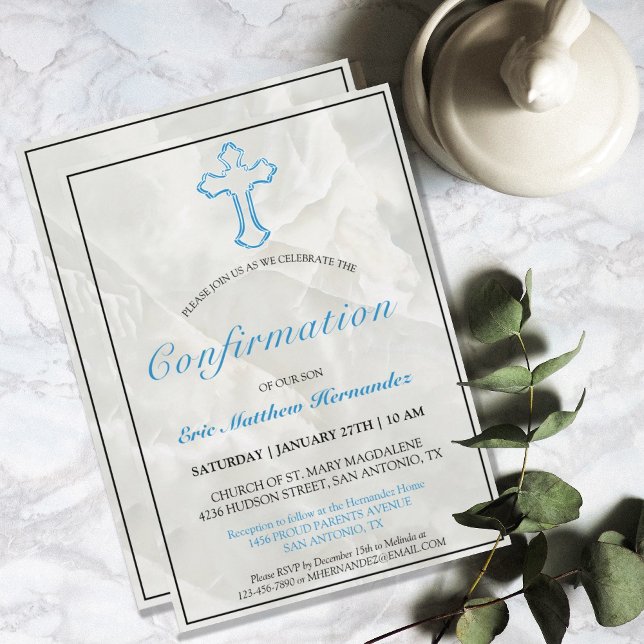 Invitación Confirmación de los chicos elegantes de la cruz az (MODERN BLUE CROSS MARBLE CONFIRMATION INVITATION)
