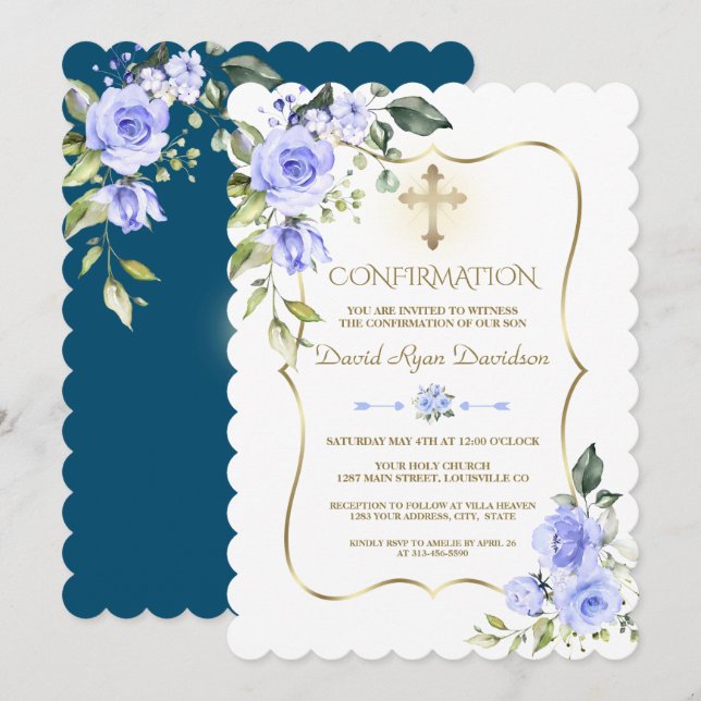 Invitación Confirmación de Luxury Blue Flowers Gold Frame Boy (Anverso / Reverso)