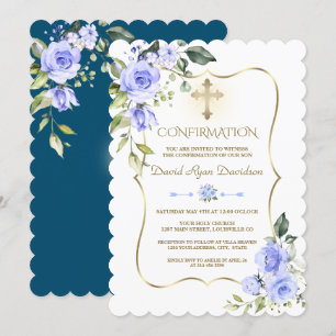 Invitación Confirmación de Luxury Blue Flowers Gold Frame Boy