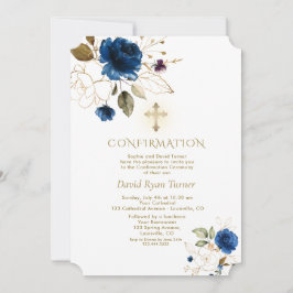 Invitación Confirmación de Luxury Blue Gold Floral Boy