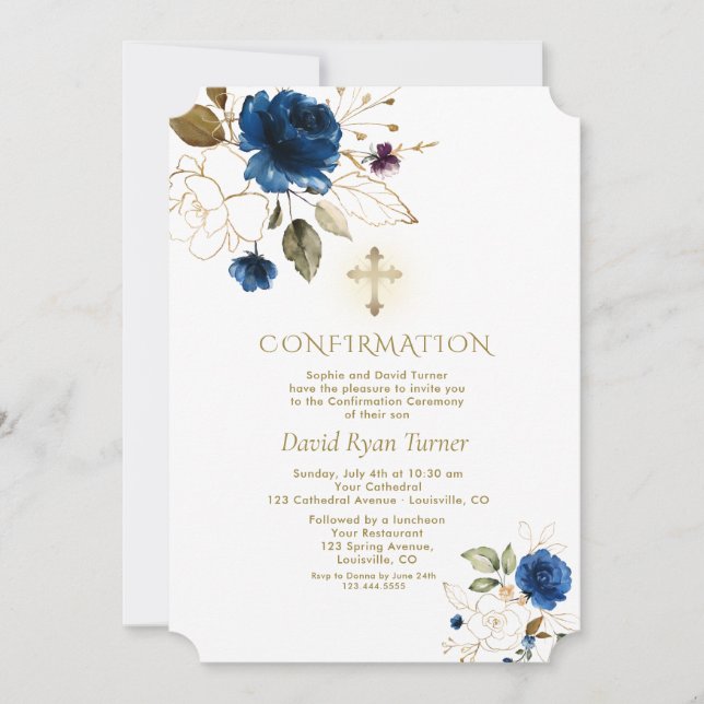 Invitación Confirmación de Luxury Blue Gold Floral Boy (Anverso)