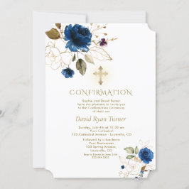 Invitación Confirmación de Luxury Blue Gold Floral Boy