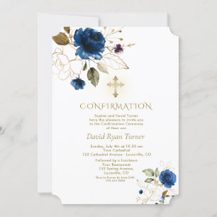 Invitación Confirmación de Luxury Blue Gold Floral Boy