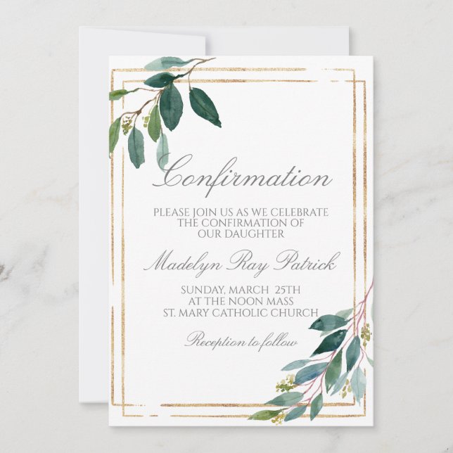 Invitación Confirmación de marco de verde acuarela (Anverso)
