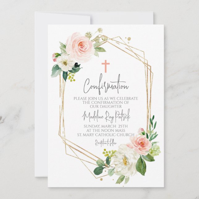 Invitación Confirmación de marco floral rosa (Anverso)