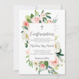 Invitación Confirmación de marco floral rosa