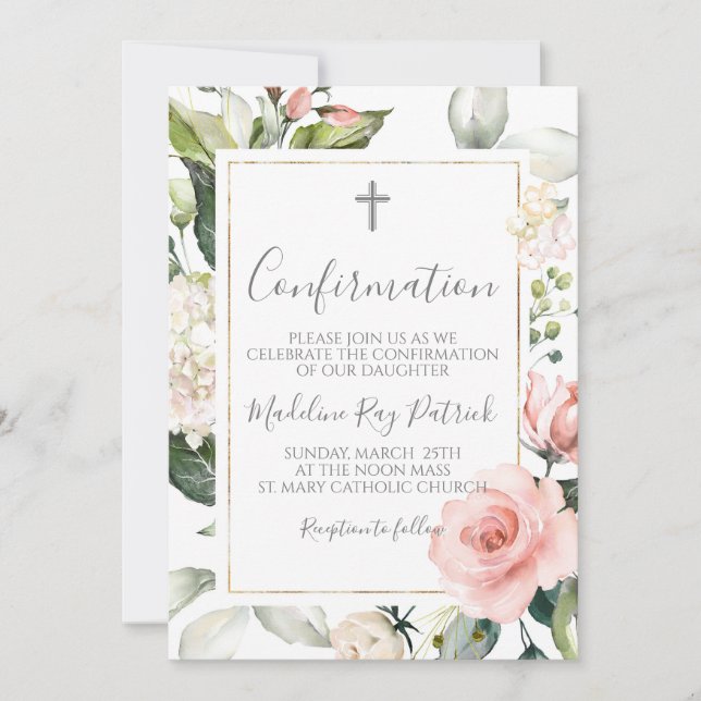 Invitación Confirmación de marco floral rosa (Anverso)