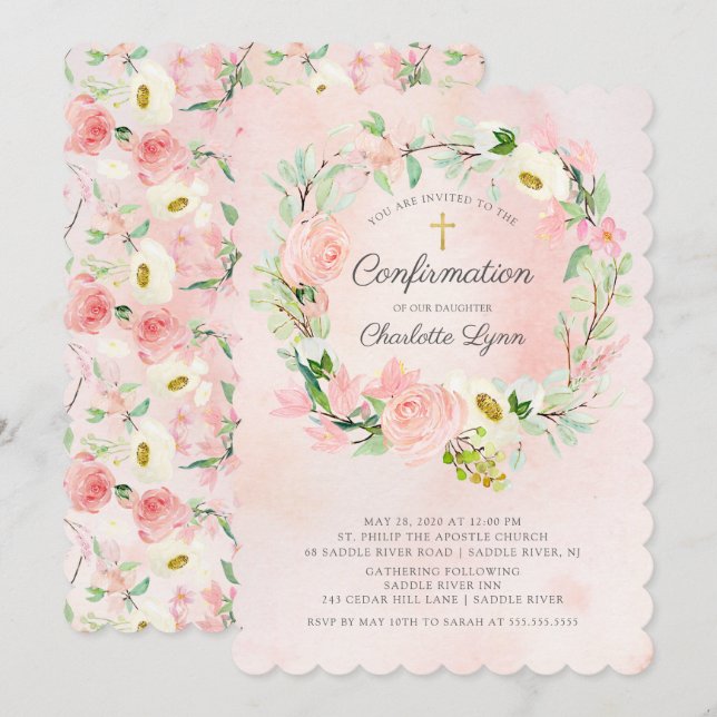 Invitación Confirmación de moda y elegancia de Rubor con flor (Anverso / Reverso)