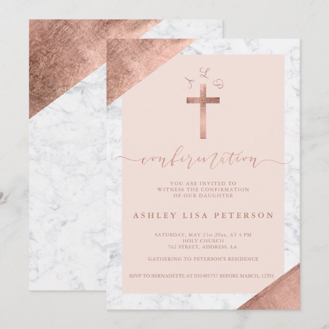 Invitación Confirmación de monograma rosado cruzado de rosa d (Anverso / Reverso)