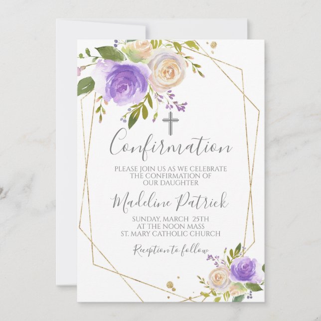 Invitación Confirmación de morado floral (Anverso)