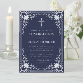 Invitación Confirmación de Navy Blue Faux Silver Vintage Boy