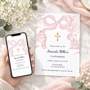 Invitación Confirmación de niña con flores de lazo rosa