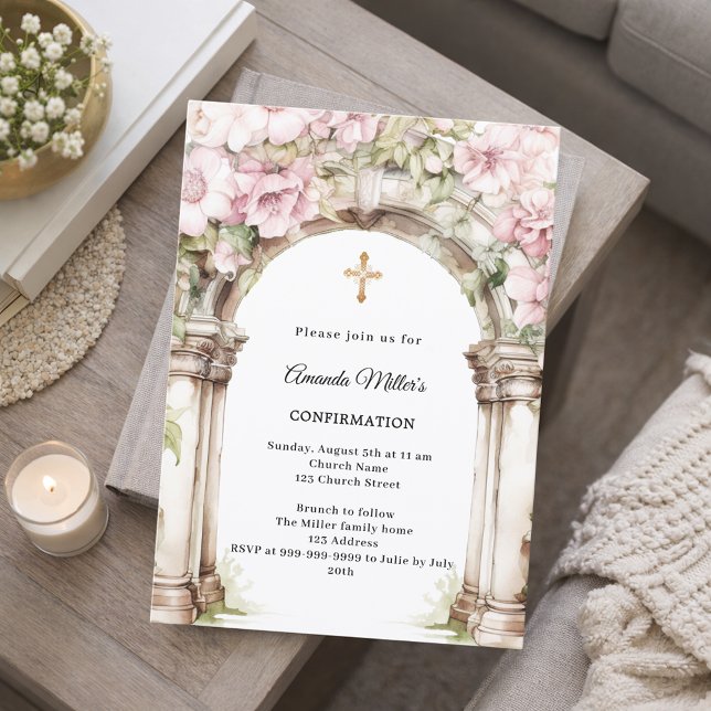 Invitación Confirmación de niña con flores rosadas en arco (Subido por el creador)