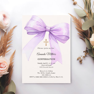 Invitación Confirmación de niña con lazo de lavanda en crema