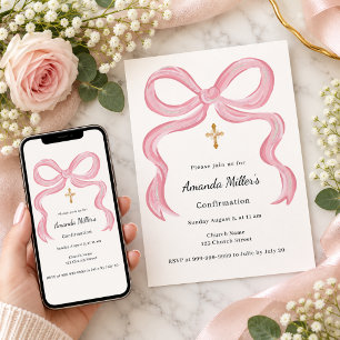 Invitación Confirmación de niña con lazo rosa crema