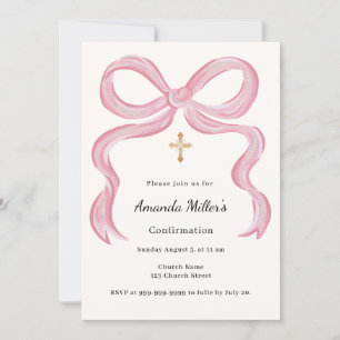 Invitación Confirmación de niña con lazo rosa crema