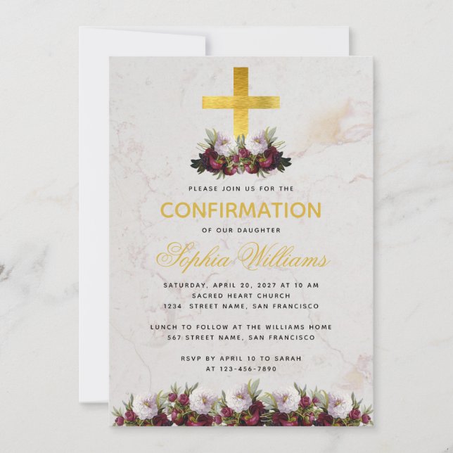 Invitación Confirmación de niña Cruz de oro Peonía burdeos má (Anverso)