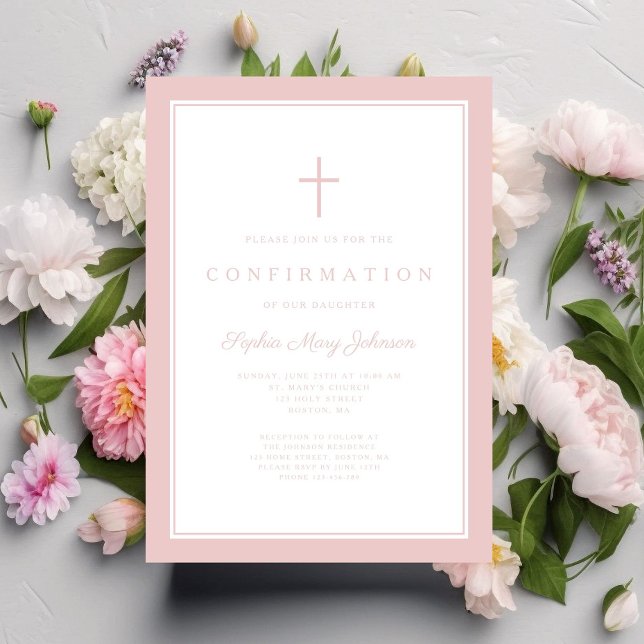 Invitación Confirmación de niña de cruz rosa moderna (Modern Pink Cross Girl Confirmation Invitation)