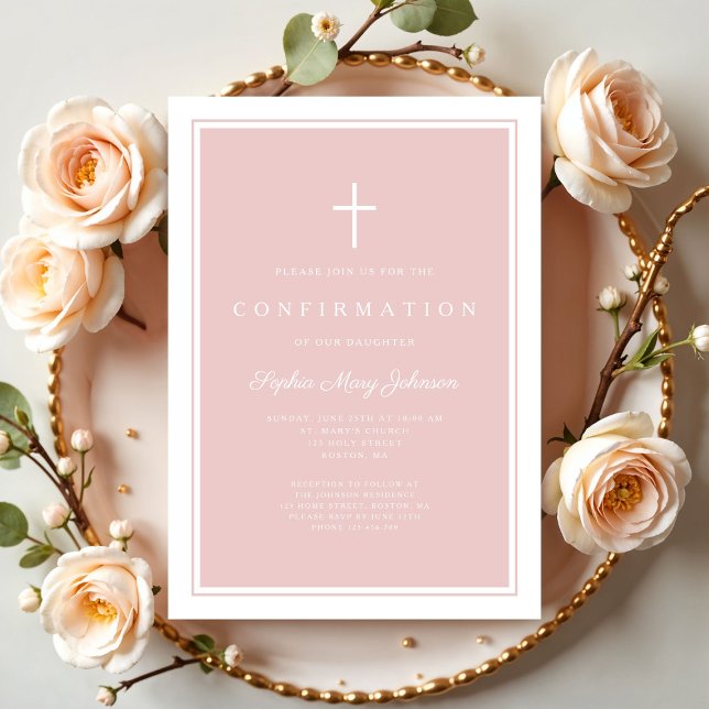 Invitación Confirmación de niña de cruz rosa moderna (Modern Blush Pink Cross Boy Confirmation Invitation
)